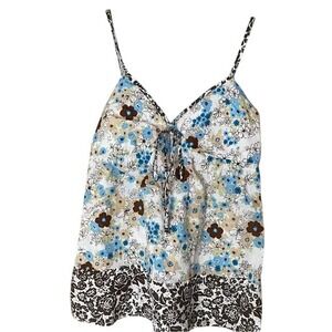 Floral‎ Vintage Babydoll Y2K Blue and Brown Cami Top with Tie Front, S